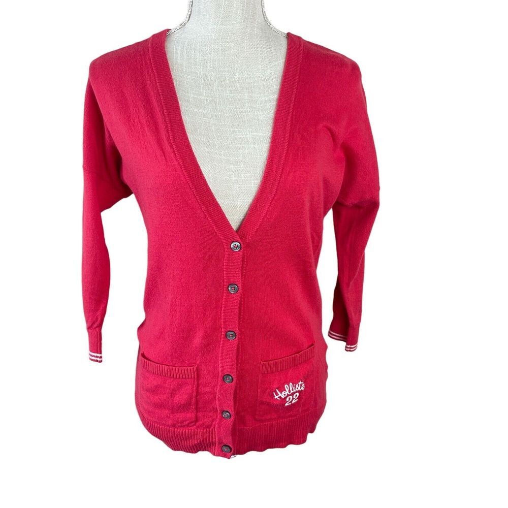 Hollister Cardigan Sweater Womens S Pink Knit Y2K 2000s V Neck Button 3/4 Sleeve